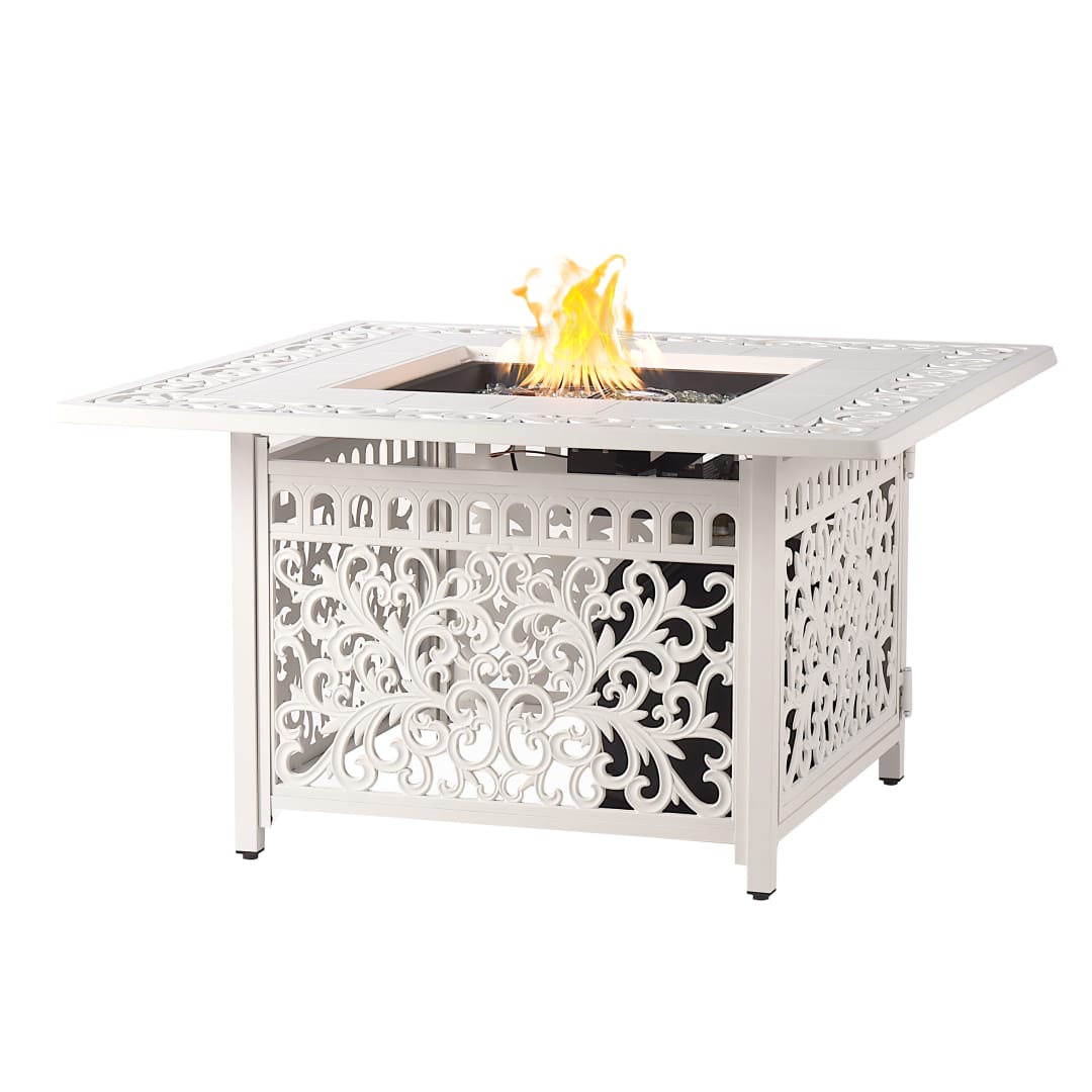Square 42 in. x 42 in. Aluminum Propane Fire Pit Table with Glass Beads, Two Covers, Lid, 55,000 BTUs in White Finish