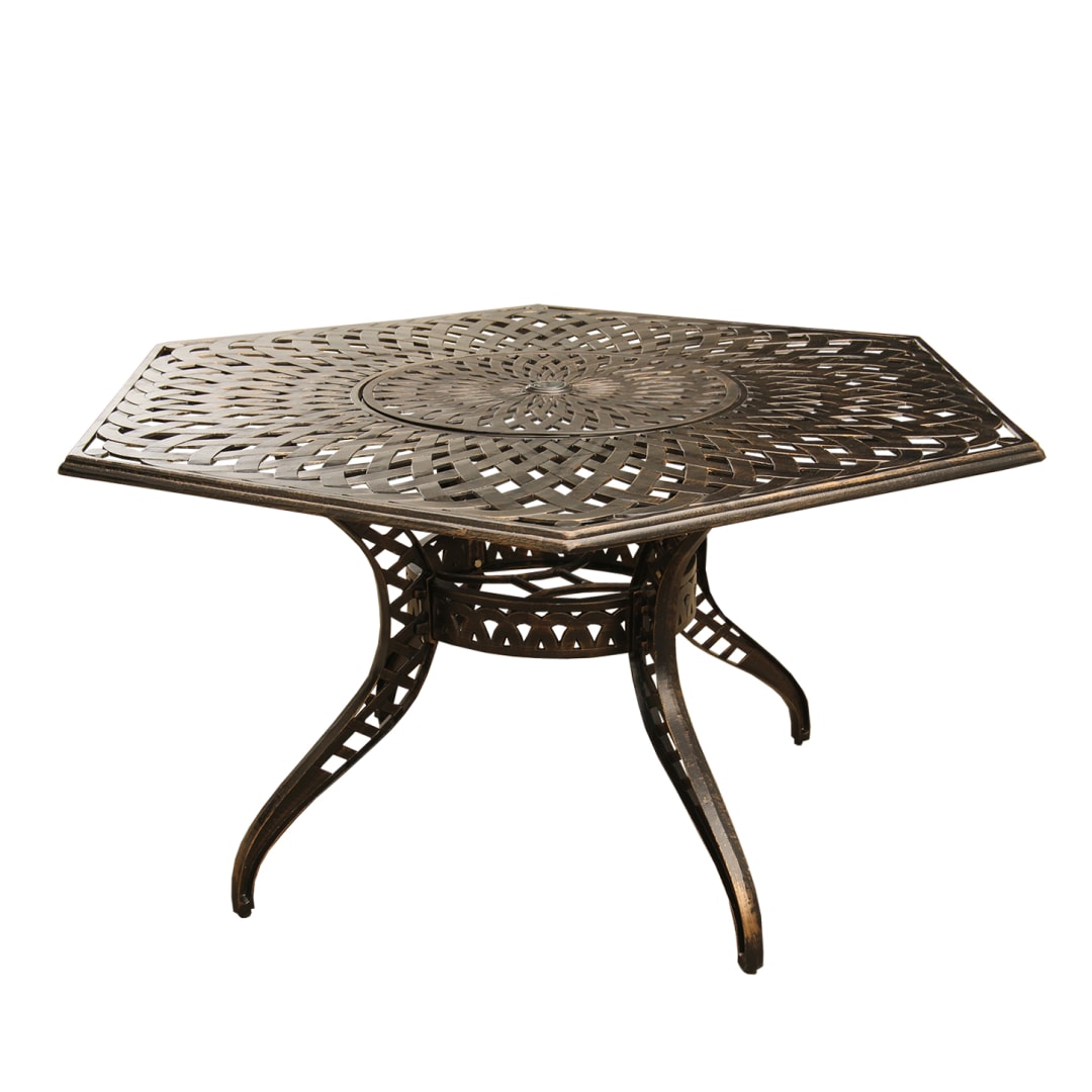 Contemporary Modern Outdoor Mesh Lattice Aluminum 63 inch Bronze Hexagon Dining Table with Lazy Susan