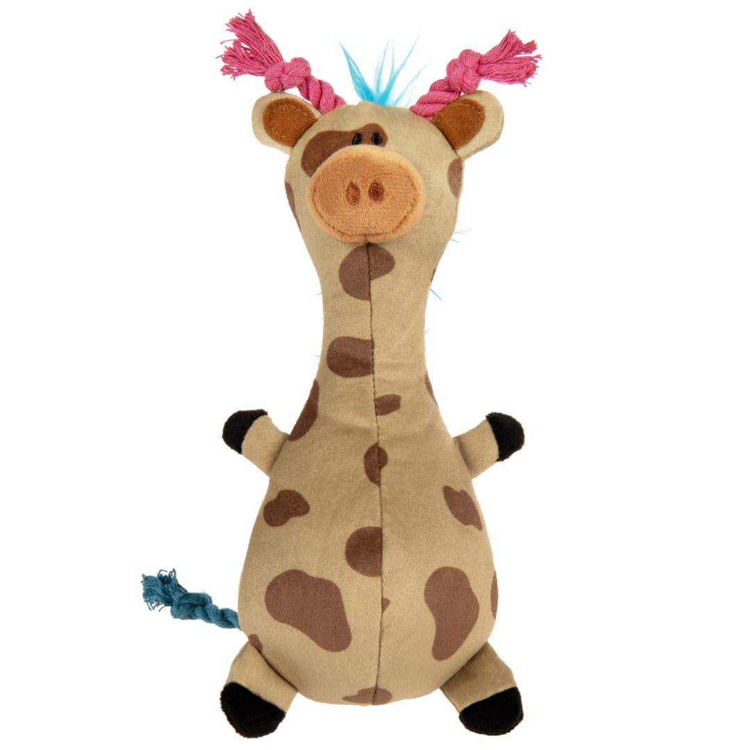 TrustyPup Tough 'N Fun Long Neck Giraffe Crinkle Plush Squeaky Chew Guard Dog Toy with Rope Tail, Small, Tan