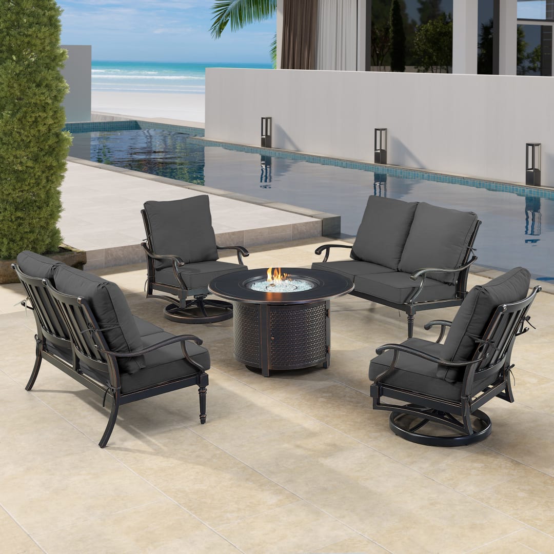 Black Aluminum Patio Fire Table Set with Two Deep Seating Loveseat with Cushions and Two Club Chairs