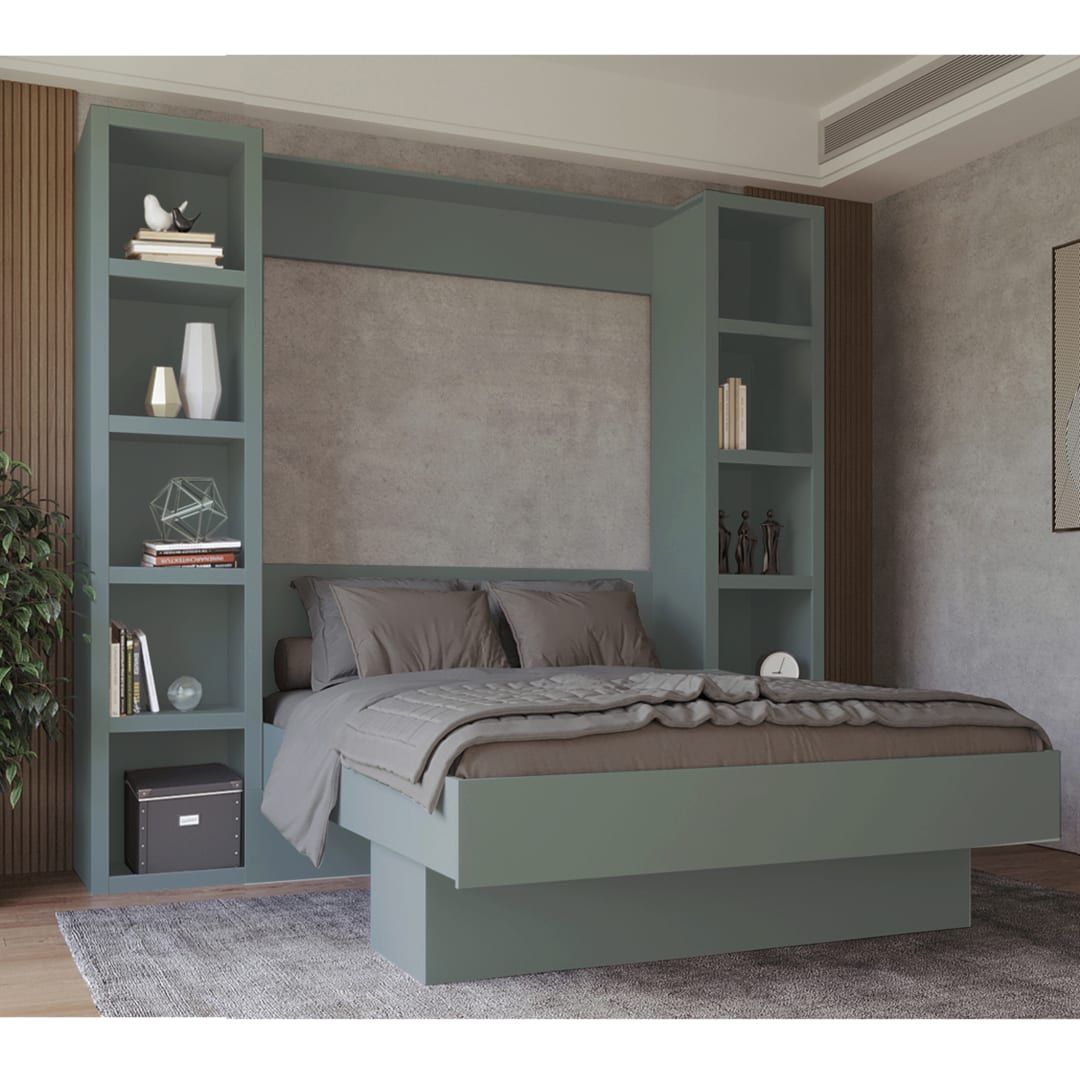 Easy-Lift Queen Murphy Wall Bed in Green with Two Bookshelves
