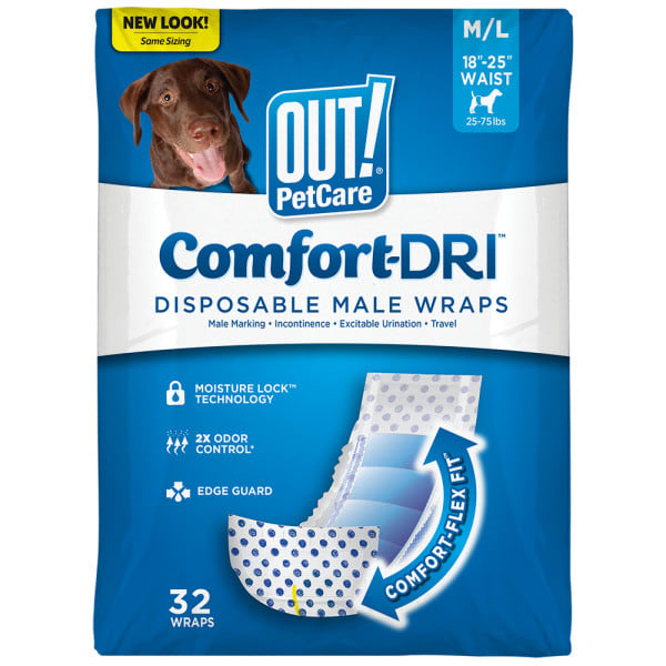 OUT! Pet Care Disposable Male Dog Diapers | Absorbent Male Wraps with Leak Proof Fit | Medium/Large, 32 Count