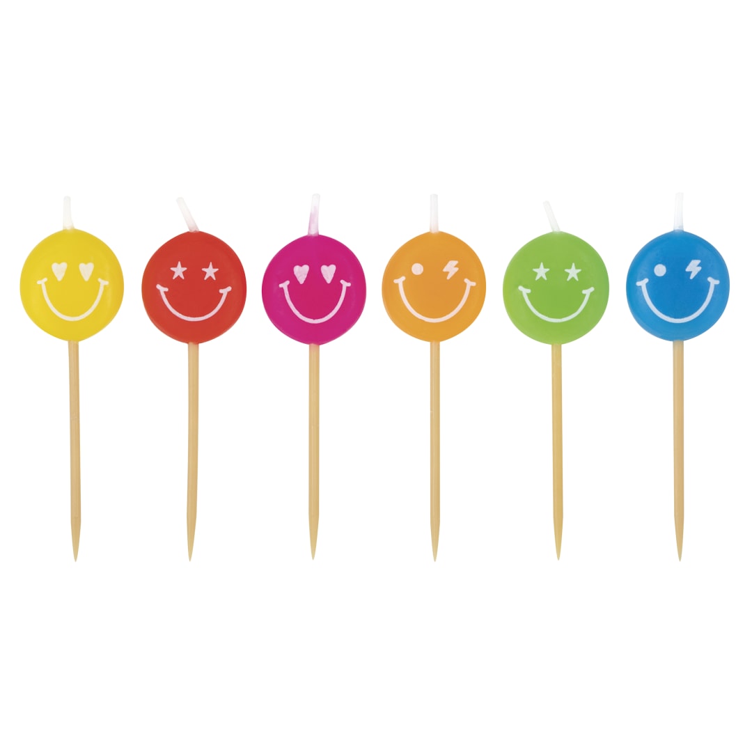 Rainbow Vibes Assorted Smiling Face Pick Candles, 6ct