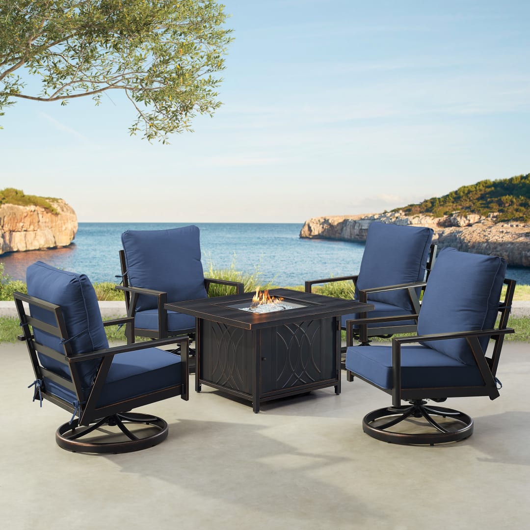 Black Aluminum Patio Fire Table Set with Four Club Chairs