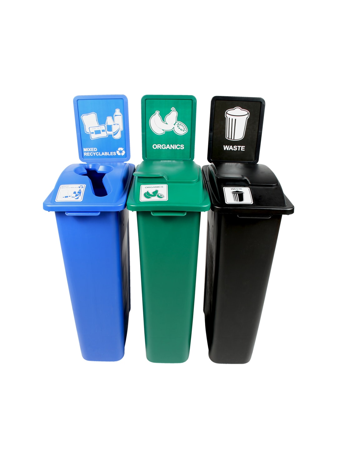 WASTE WATCHER - Triple - Kit - Mixed Recyclables-Organics-Waste - Mixed-Solid Lift-Solid Lift - Blue-Green-Black