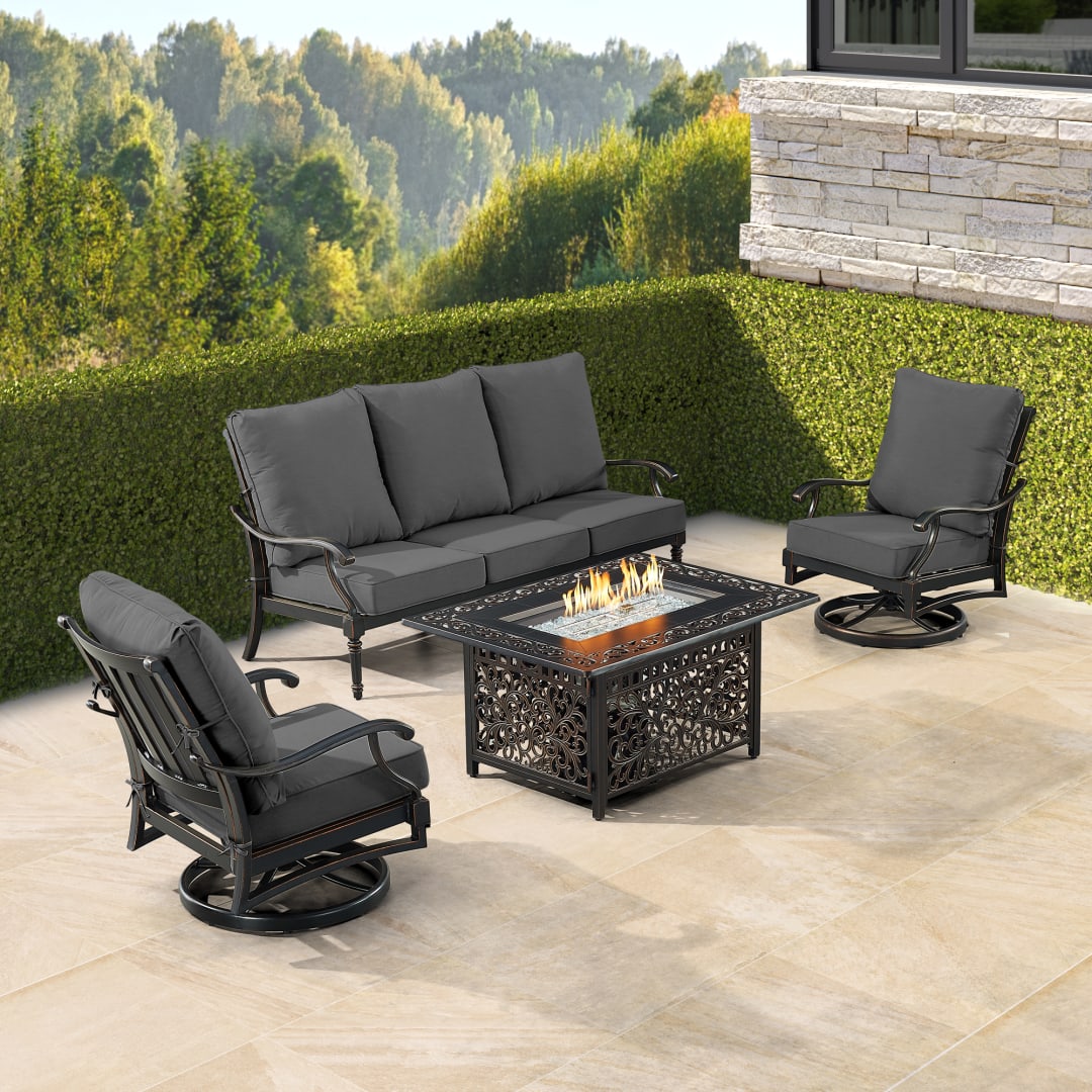 Black Aluminum Patio Fire Table Set with Deep Seating Sofa with Cushion and Two Club Chairs