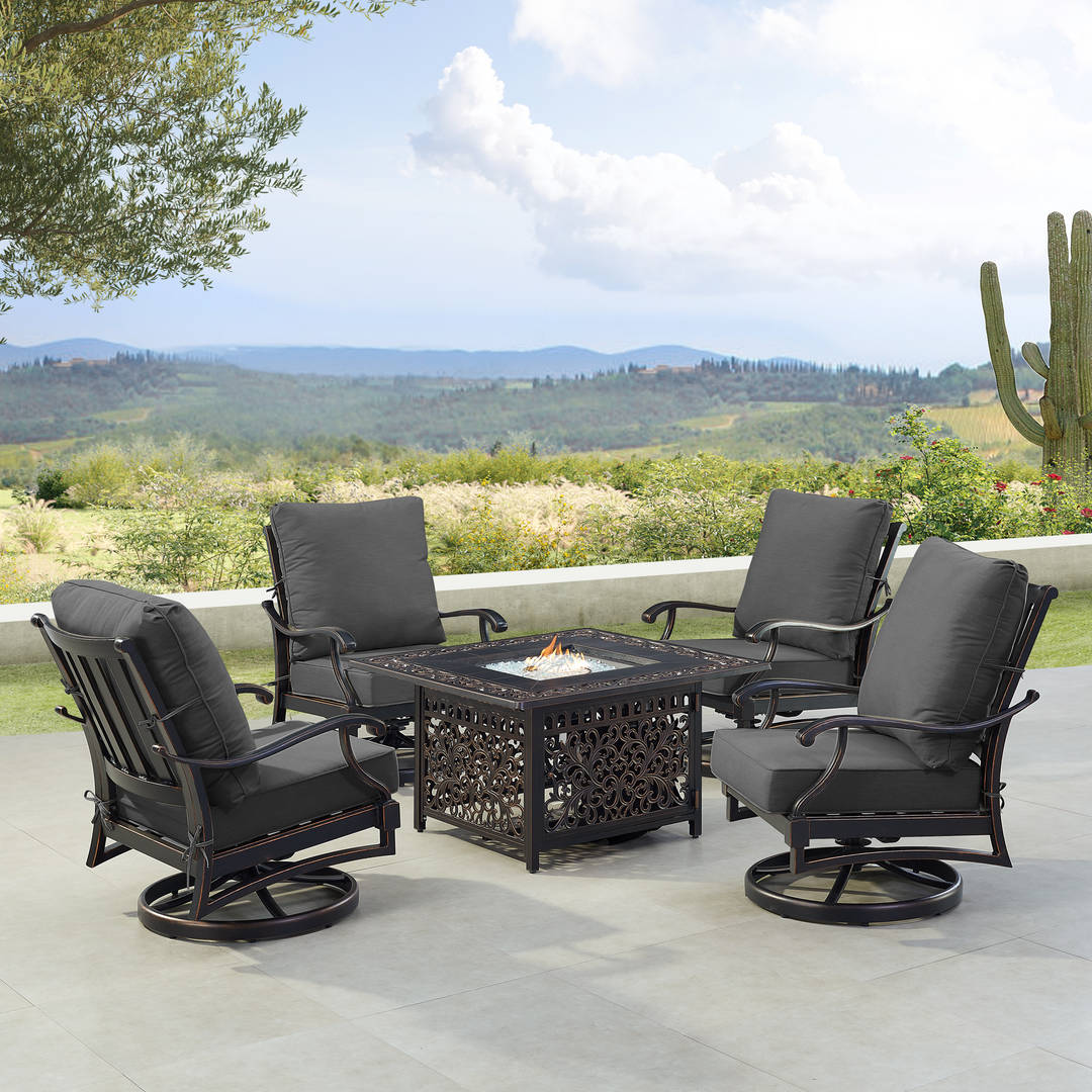 Black Aluminum Patio Fire Table Set with Four Club Chairs