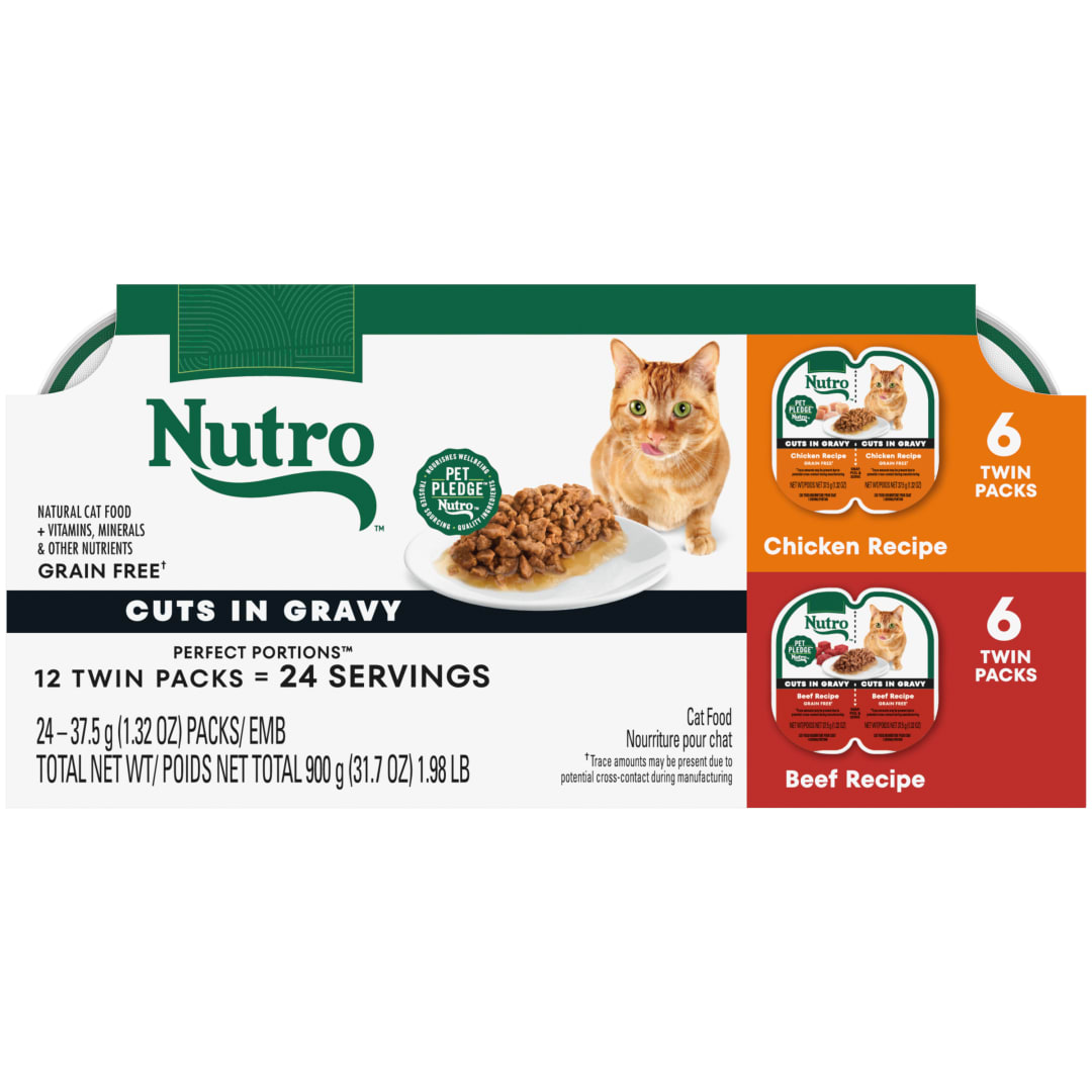 Nutro Wet Cat Food Cuts in Gravy MultiPack: Chicken Recipe and Beef Recipe, (12) 2.64 oz. Trays