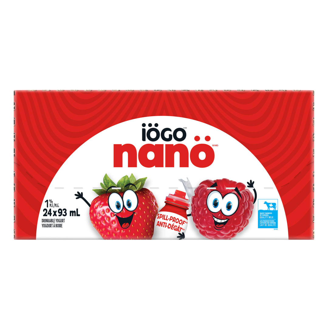 iÖGO nanö Strawberry Raspberry 1% Drinkable Yogurt Bottles, 24x93ml