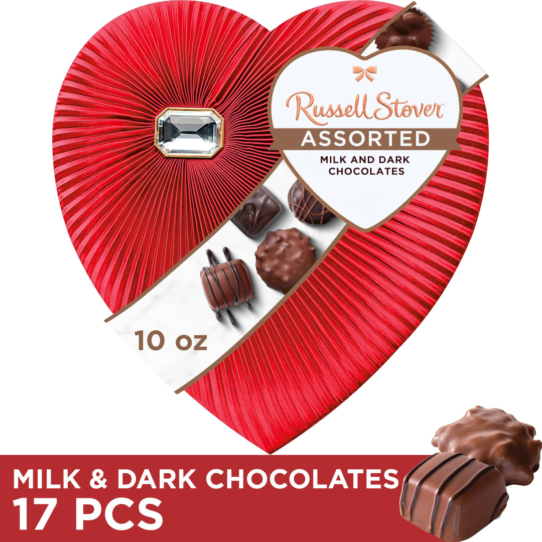 RUSSELL STOVER Valentine's Day Diamond Brooch Heart Assorted Milk & Dark Chocolate Candy Gift Box, 10 oz.