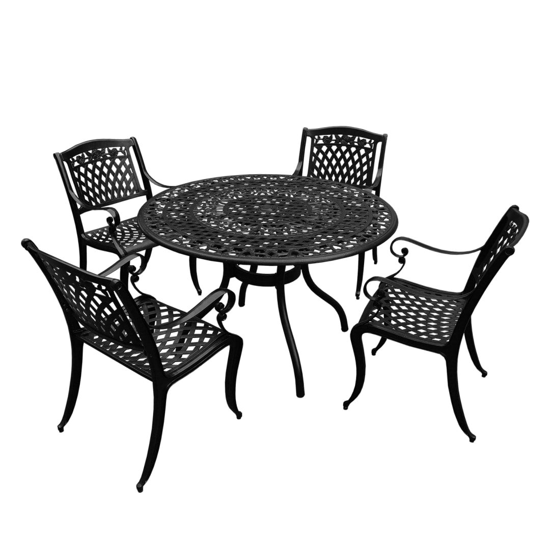 Modern Ornate Outdoor Mesh Aluminum 48-in Black Round Patio Dining Set with Four Chairs