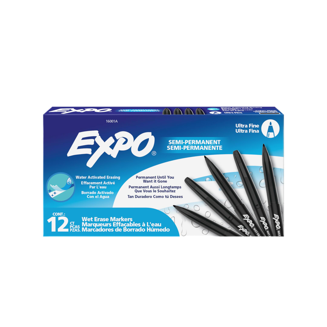 EXPO Wet Erase Markers, Semi-Permanent Markers, Black, Ultra Fine Tip, 12 Count