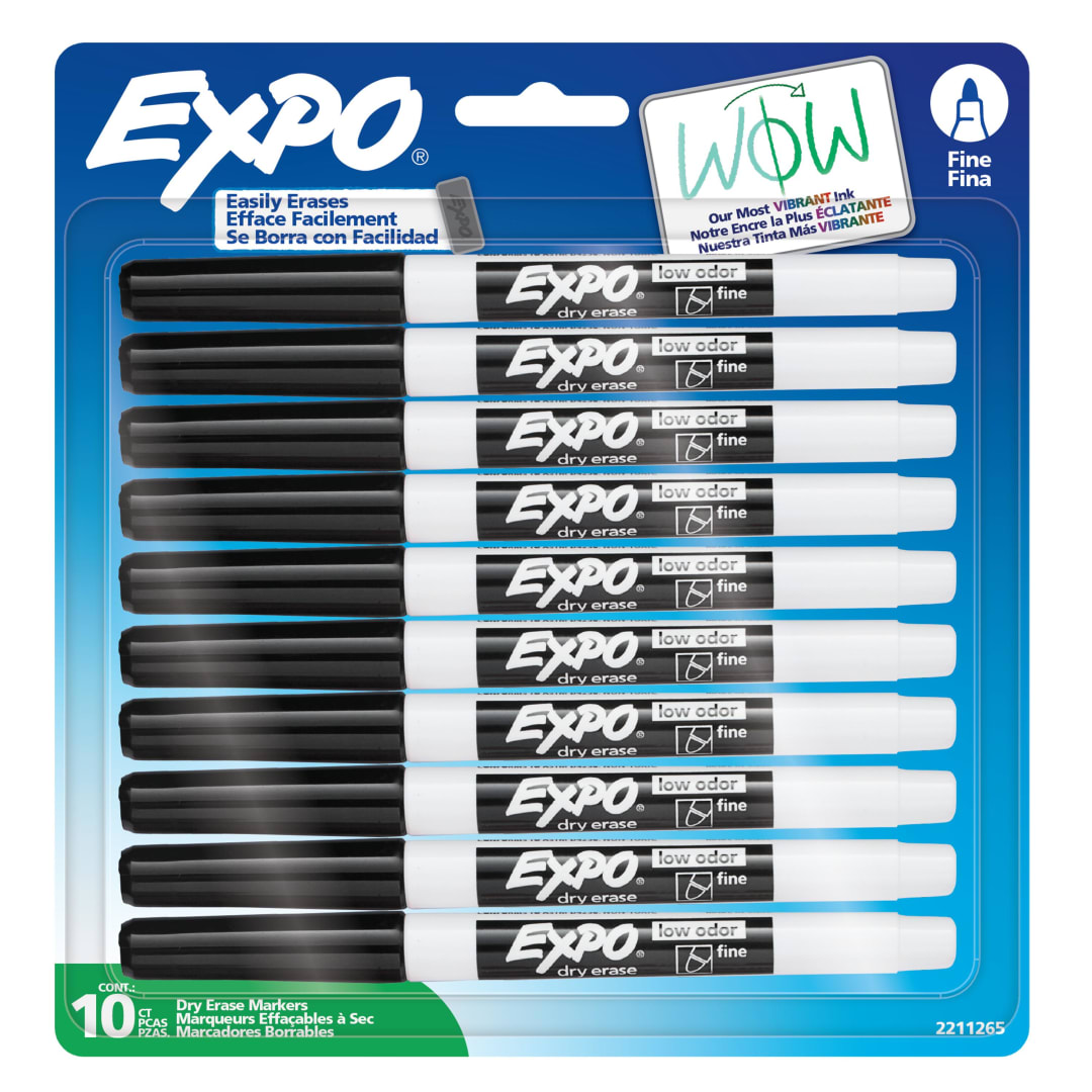 EXPO Dry Erase Markers, Low Odor Ink, Black, Fine Tip, 10 Count