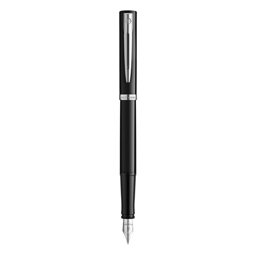 Waterman Impression Pluma estilográfica | Plumín medio con recarga de tinta azul | Laca negra con adornos chapados en paladio | Caja de regalo