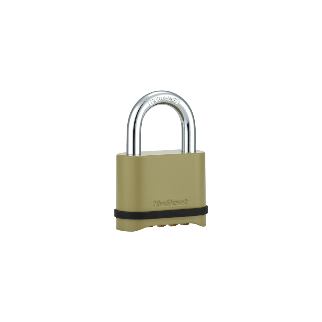 Kwikset Resettable 4-Digit Combination Padlock with Hardened Steel Shackle for Outdoor Gate Lock, Locker Lock, Storage Unit Lock, 2 in Body, 1 in Shackle, Gold Zinc