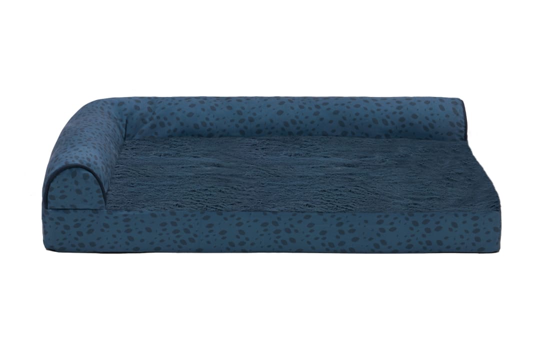 FurHaven Orthopedic Dog Bed for Large Dogs, L-Shaped Chaise Mattress, Egg Crate with a Solid Orthopedic Foam Base for Joint Support, Washable Cover, Jumbo XL, Plush Faux Fur, Blue Almond