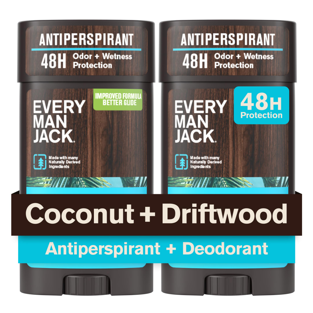 Every Man Jack Men’s Coconut + Driftwood Antiperspirant Deodorant – New & Improved Formula – Smooth Glide, 48-Hour Odor & Sweat Defense– 2.6 oz (2 Pack)