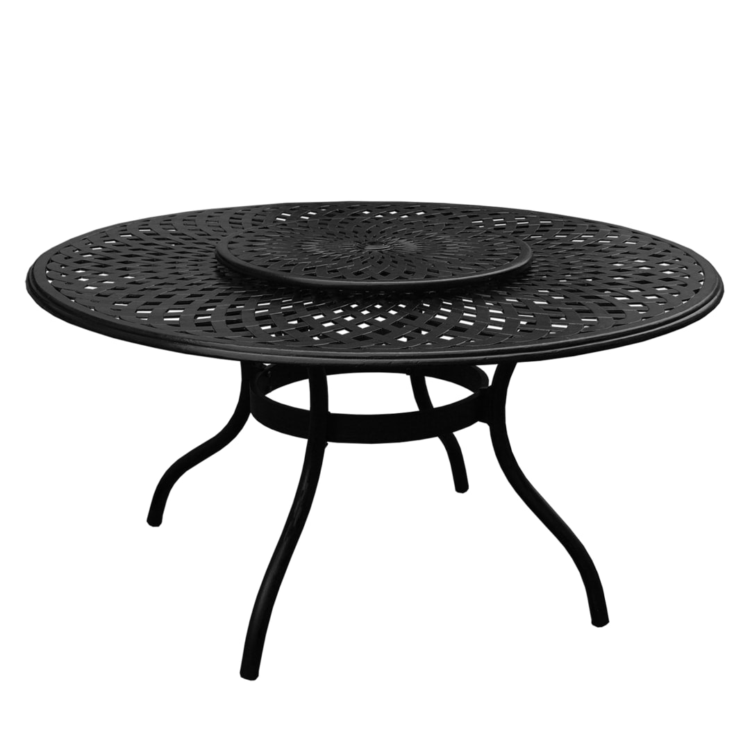 Contemporary Modern Outdoor Mesh Aluminum 59-in Large Black Round Patio Dining Table with Lazy Susan