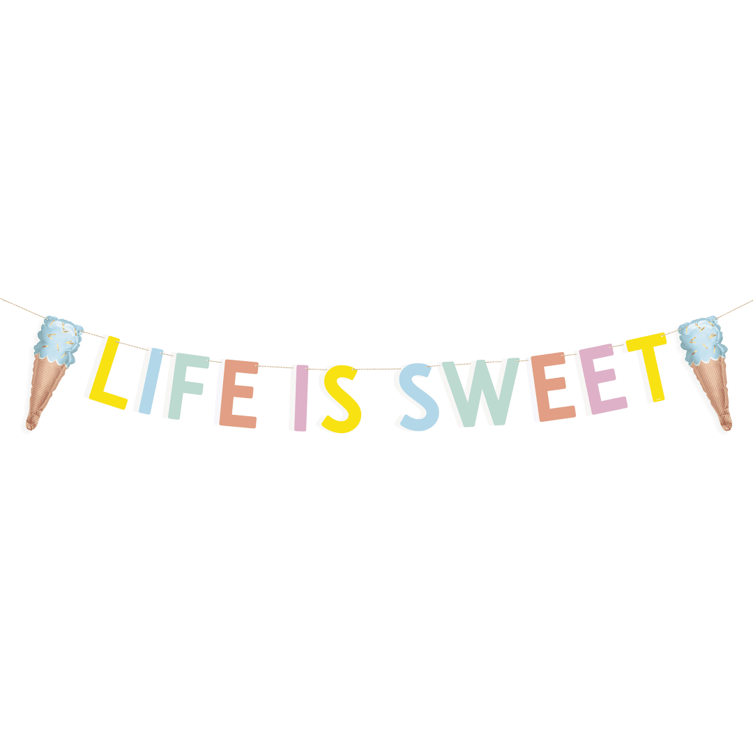 Pastel Ice Cream "Life is Sweet" Banner with Mini Foil Balloons