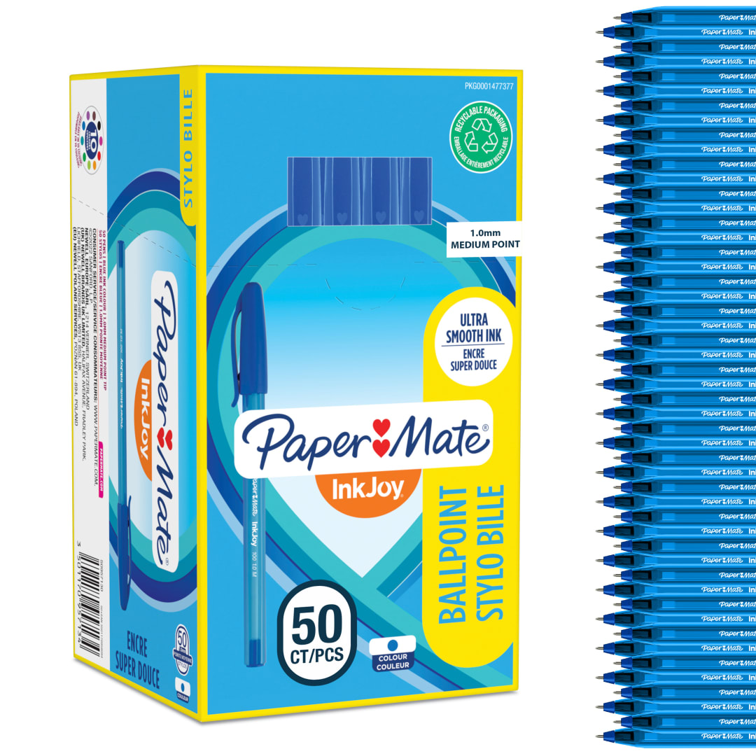 Paper Mate InkJoy 100ST Bolígrafo con capuchón | punta mediana (1,0 mm) | azul | caja de 50