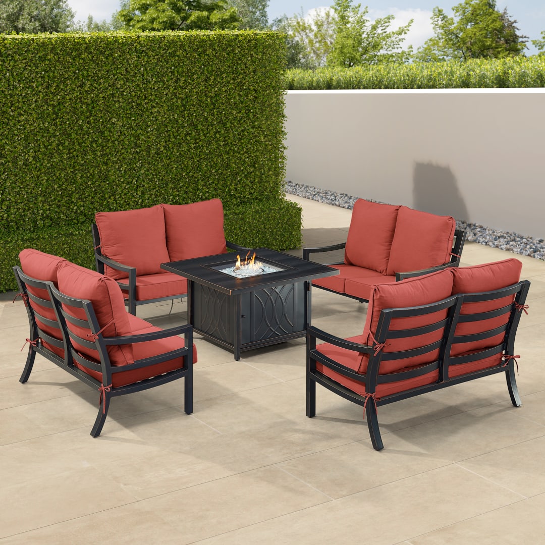 Black Aluminum Patio Fire Table Set with Four Deep Seating Loveseat with Cushions