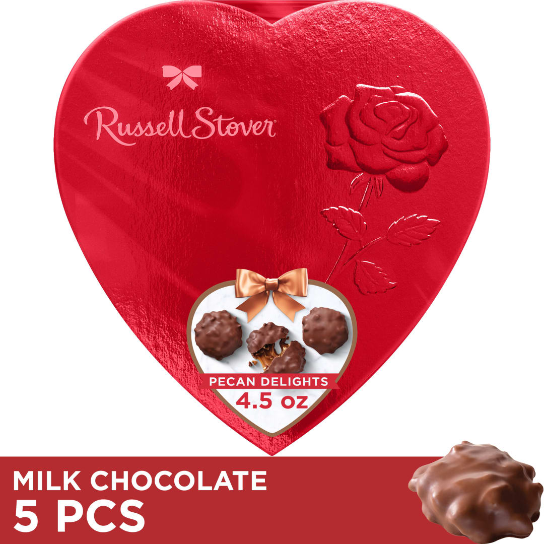 RUSSELL STOVER Valentine's Day Red Foil Heart Milk Chocolate Pecan Delight Candy Gift Box, 4.5 oz.
