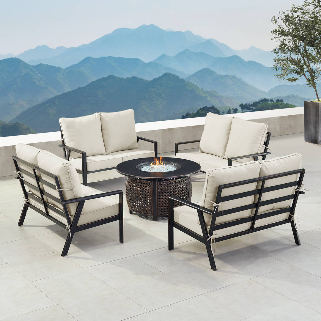 Black Aluminum Patio Fire Table Set with Four Deep Seating Loveseats with Cushions