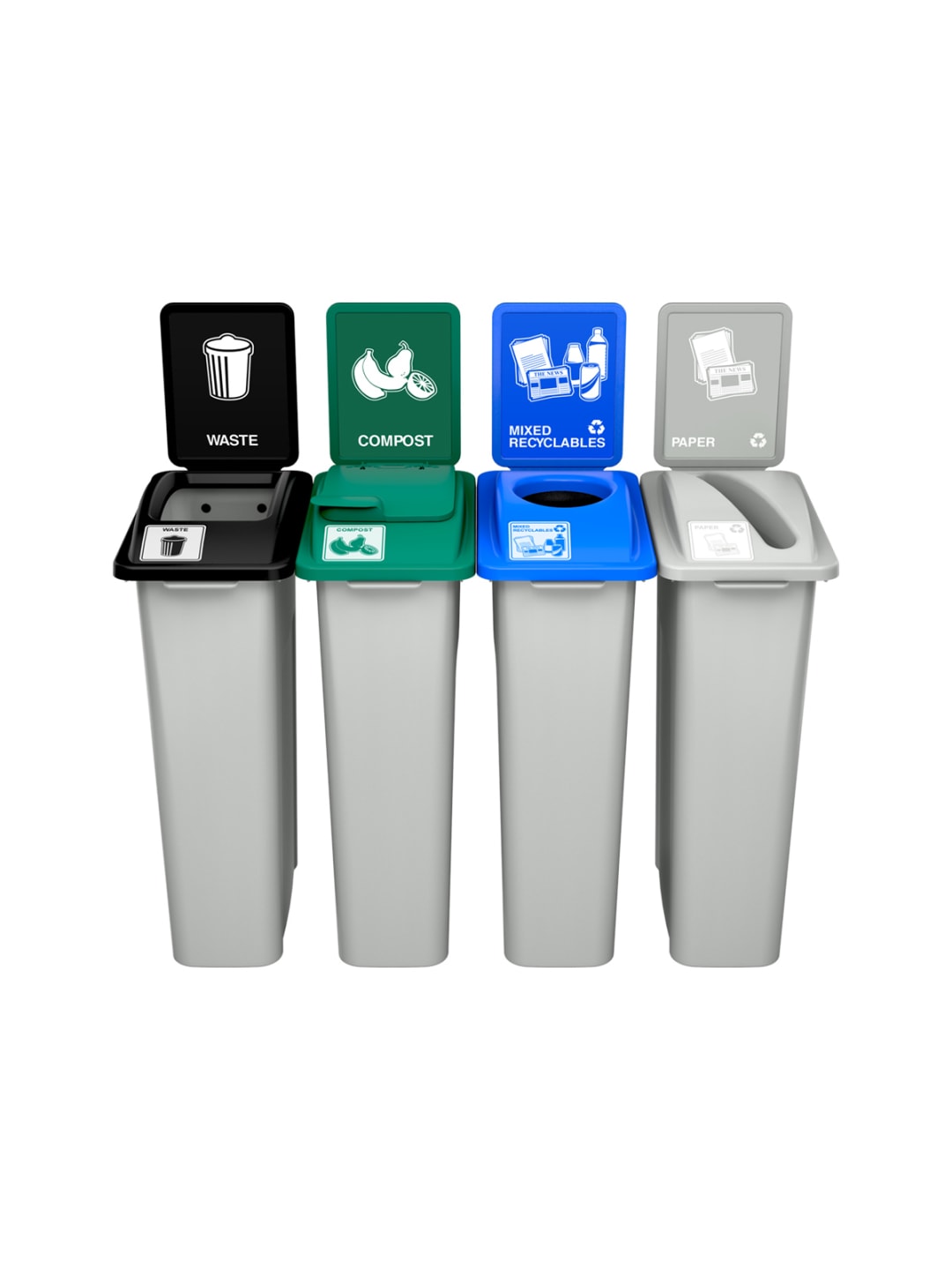  WASTE WATCHER - Quad - Kit - Standard - Waste-Compost-Mixed Recyclables-Paper - Full-Vented Lift-Circle-Slot - Grey-Black-Green-Blue-Grey-Black-Green-Blue-Grey