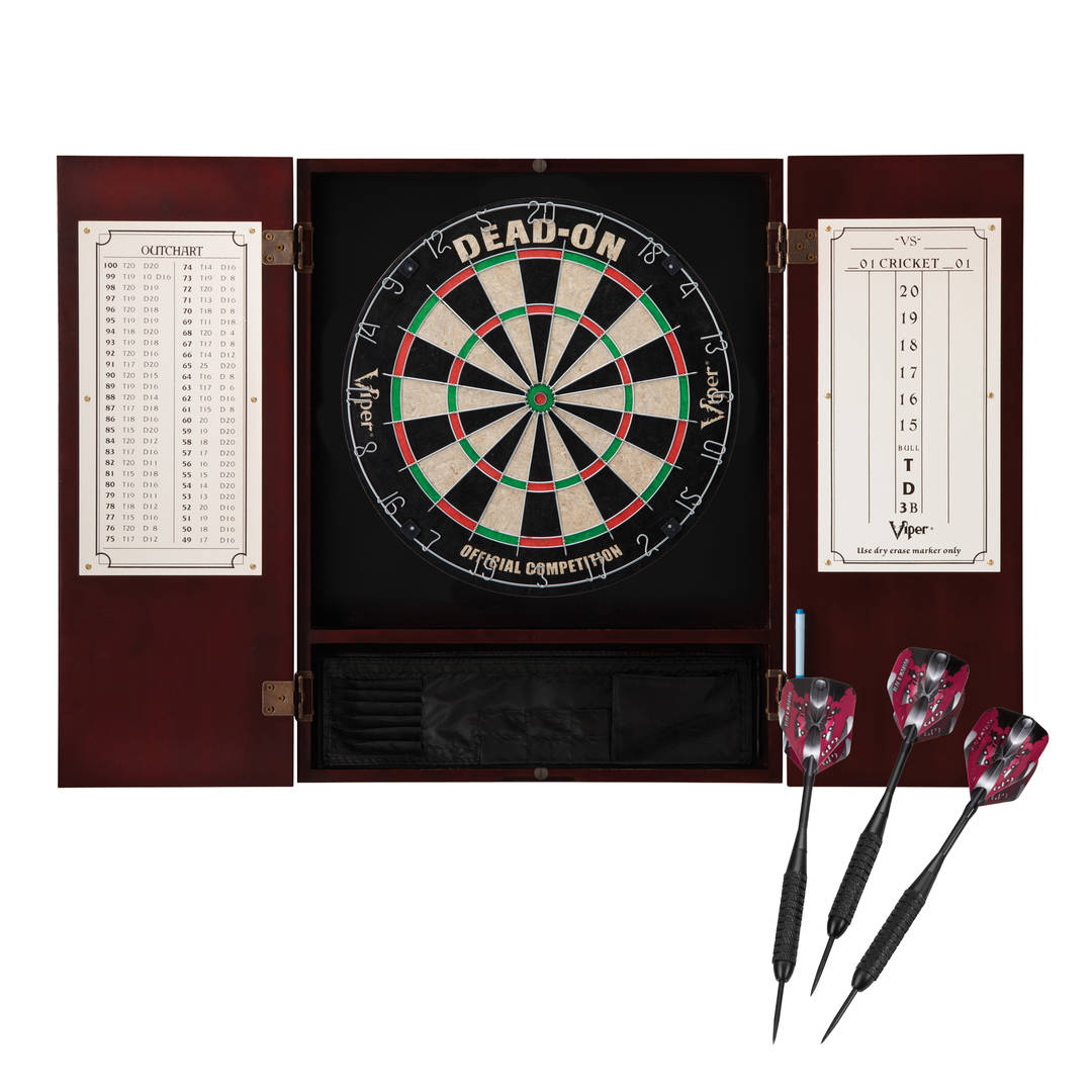 Viper Metropolitan Sisal Fiber Bristle Dartboard and Cabinet Bundle: Deluxe Set (Dead On Dartboard and Darts), Mahogany Finish