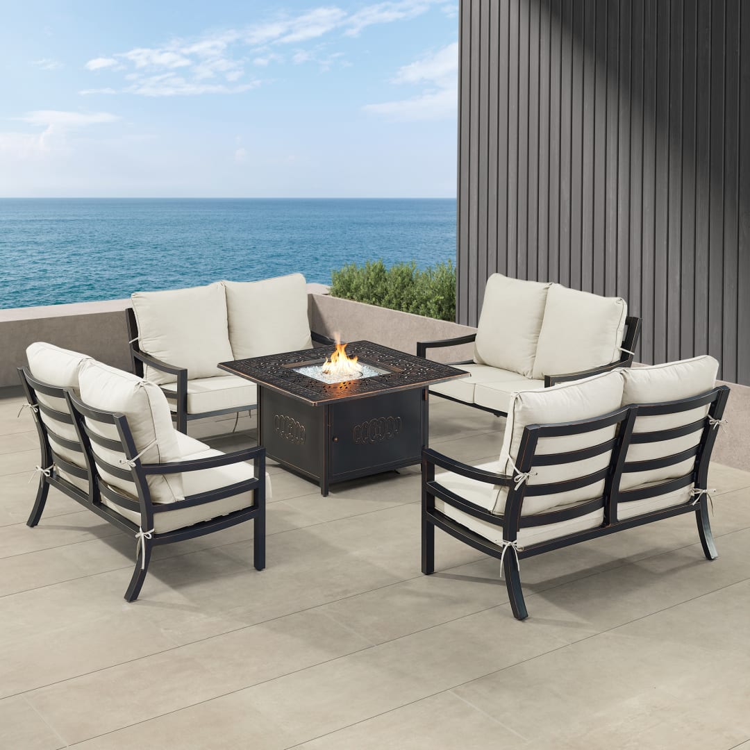 Black Aluminum Patio Fire Table Set with Four Deep Seating Loveseat with Cushions