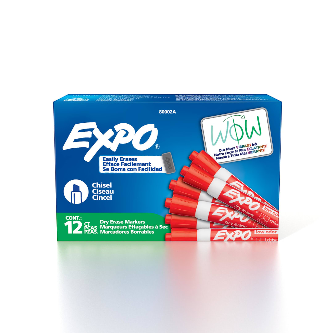 EXPO Dry Erase Markers, Low Odor Ink, Red, Chisel Tip, 12 Count
