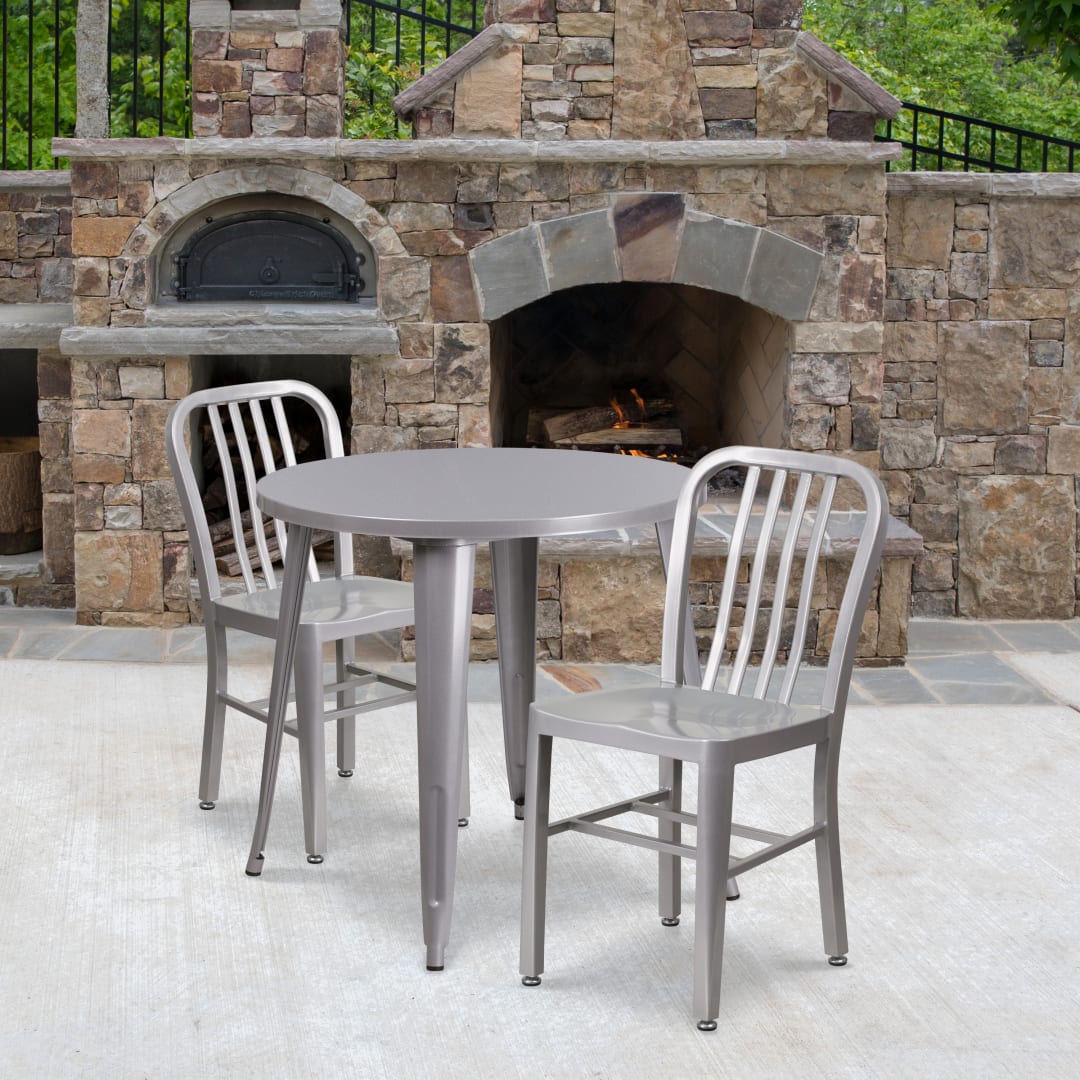 Craig Commercial Grade 30" Round Silver Metal Indoor-Outdoor Table Set with 2 Vertical Slat Back Chairs