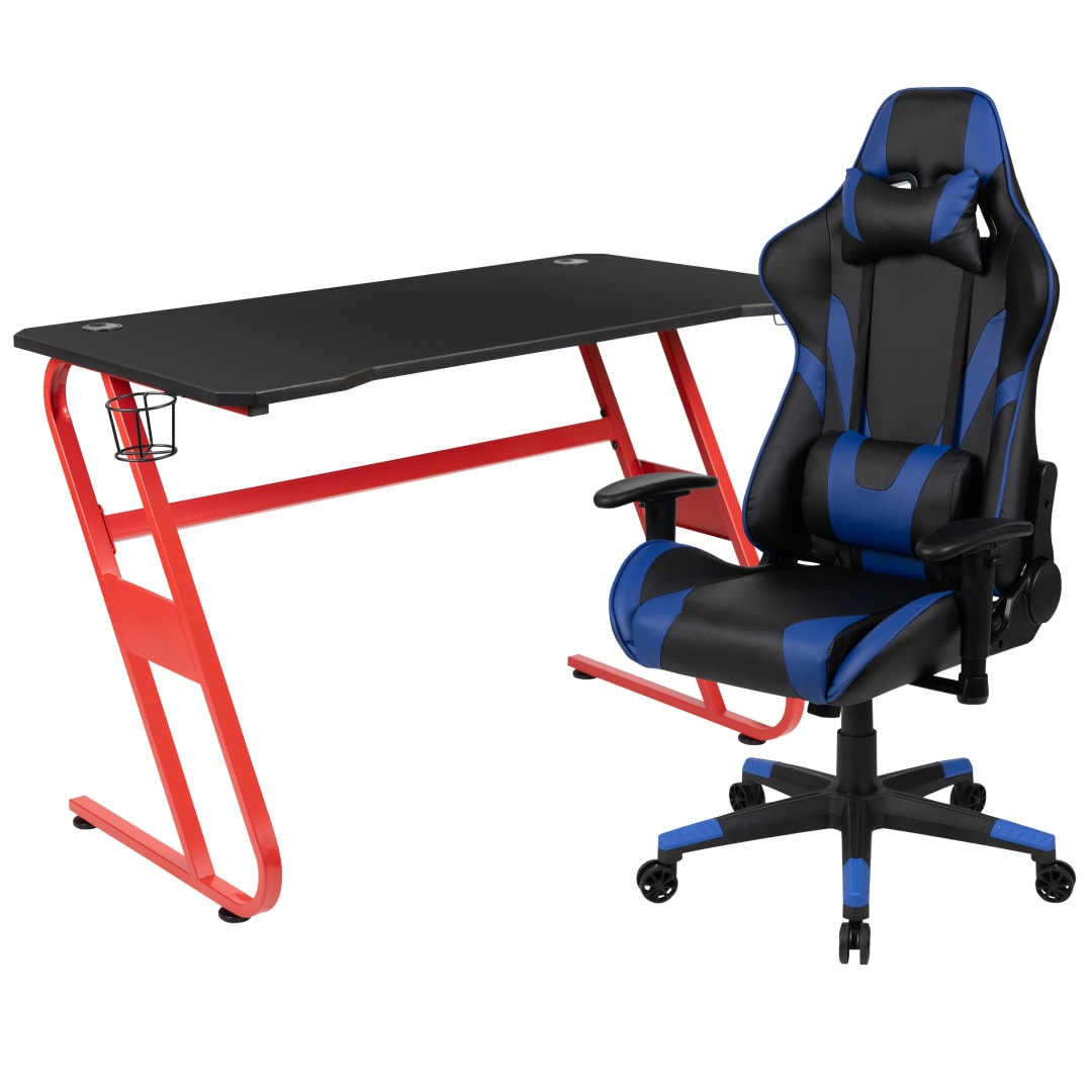 Optis Red Gaming Desk and Blue Reclining Gaming Chair Set with Cup Holder and Headphone Hook