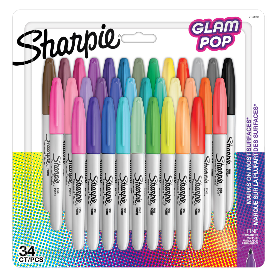 Sharpie® Glam Pop Permanent Markers | Fine Point for Bold Details | Assorted Vibrant Colours | 34 Marker Pens