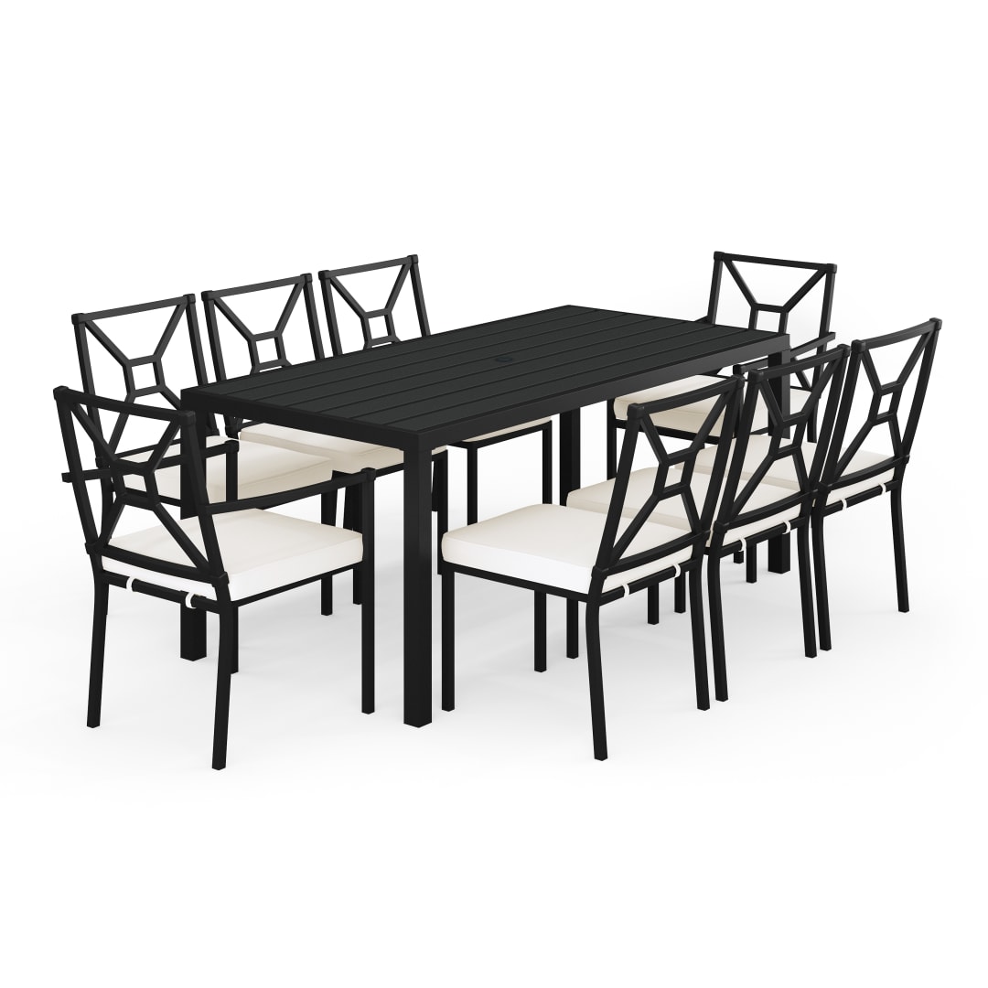 Lily Pond 9-Piece Indoor-Outdoor Dining Set with 8 Stackable Dining Chairs and 72" Table with Steel Frames in Black with Cream All-Weather Cushions