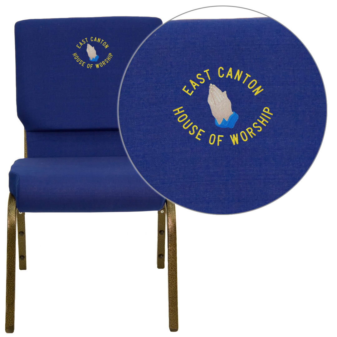 Embroidered HERCULES Series 18.5''W Stacking Church Chair in Navy Blue Fabric - Gold Vein Frame