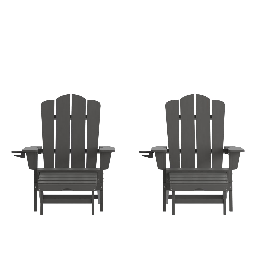 Newport HDPE Adirondack Chair with Cup Holder and Pull Out Ottoman, All-Weather HDPE Indoor/Outdoor Lounge Chair in Gray, Set of 2