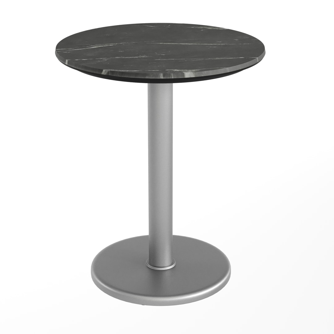 TopGuard 24" Round Indoor Outdoor Tabletop in Black Faux Marble with Seamless Surface Technology and 18" Round Silver Cast Iron Table Base