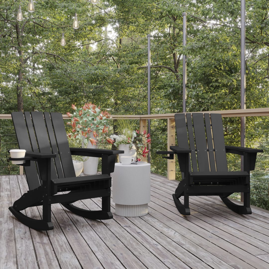 Halifax Adirondack Rocking Chair with Cup Holder, Weather Resistant HDPE Adirondack Rocking Chair in Black, Set of 2