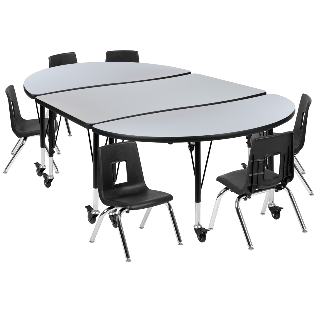 Emmy Mobile 76" Oval Wave Flexible Laminate Activity Table Set with 14" Student Stack Chairs, Grey/Black