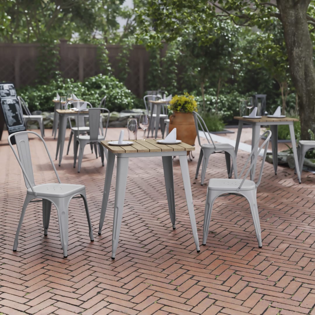 Declan Commercial Grade Indoor/Outdoor Dining Table, 23.75" Square All Weather Brown Poly Resin Top with Silver Steel Base