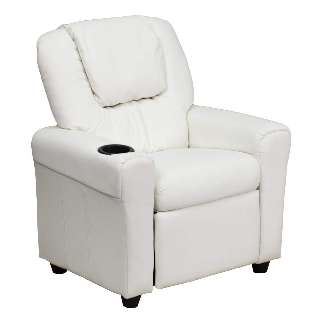 Vana Contemporary White Vinyl Kids Recliner with Cup Holder and Headrest