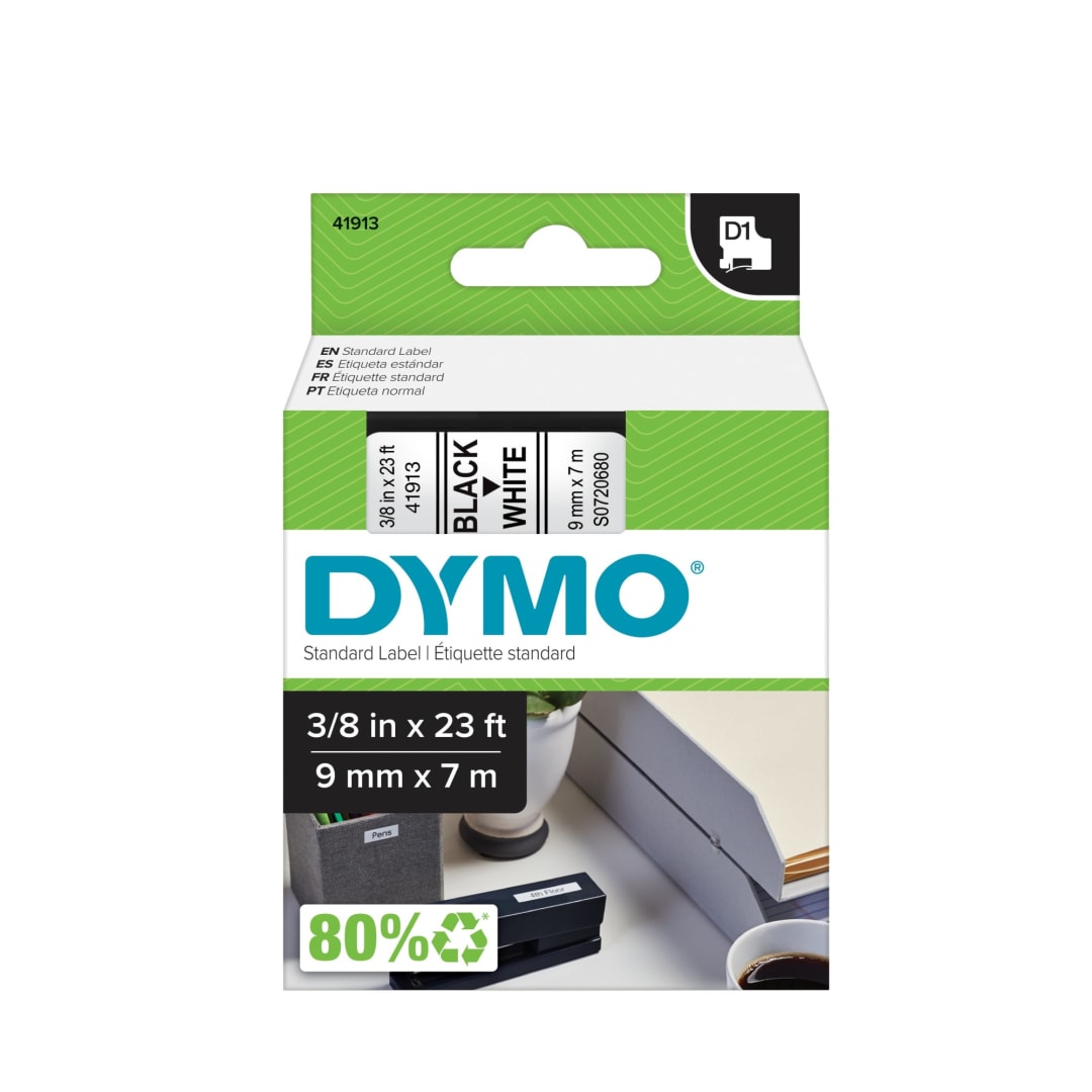 DYMO® Standard D1 Labeling Tape for LabelManager Label Makers, Black print on White tape, 3/8'' W x 23' L, 1 cartridge