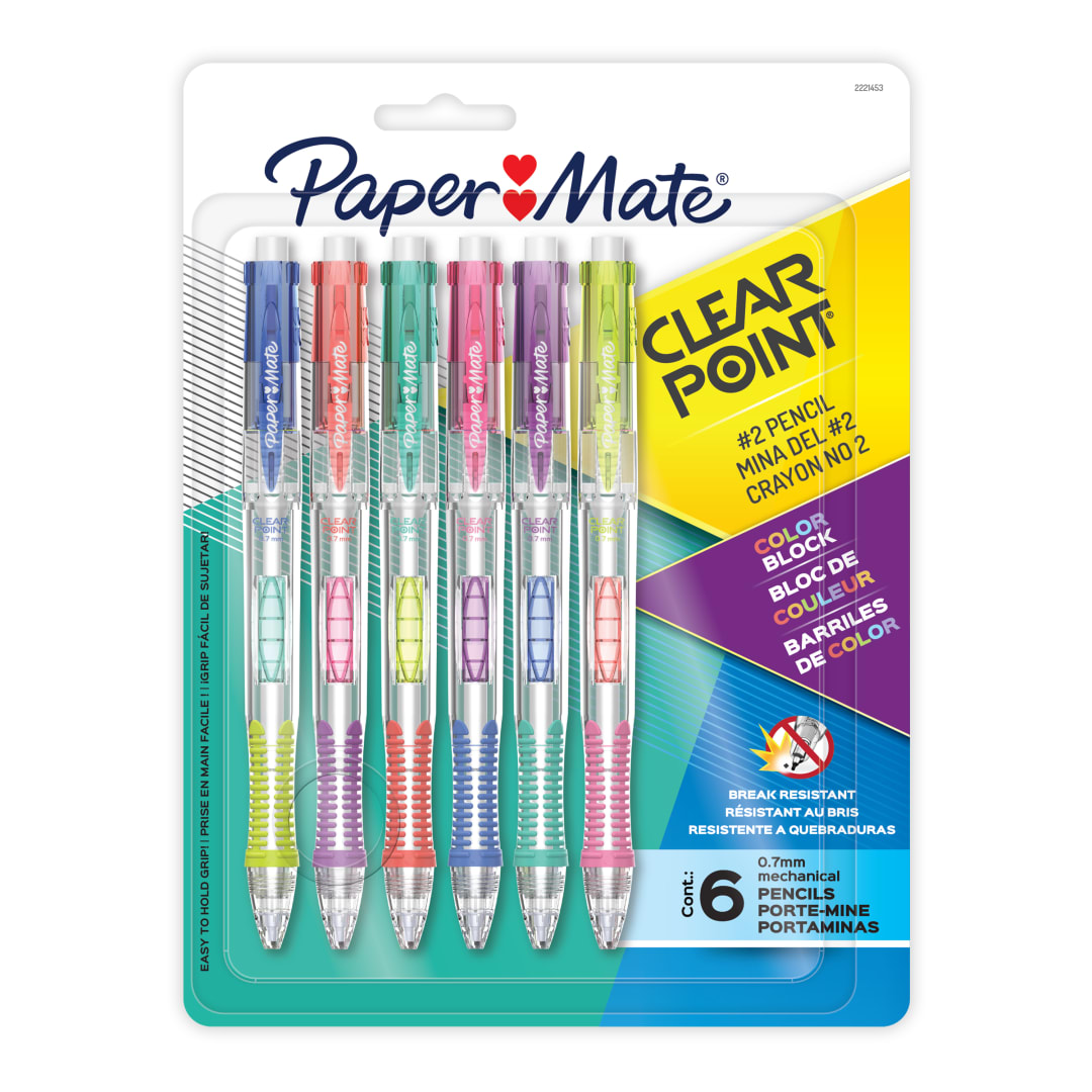 Paper Mate® Clearpoint Mechanical Pencil, Break-Resistant, Color Block Edition, HB #2 Lead (0.7mm), 6 Count