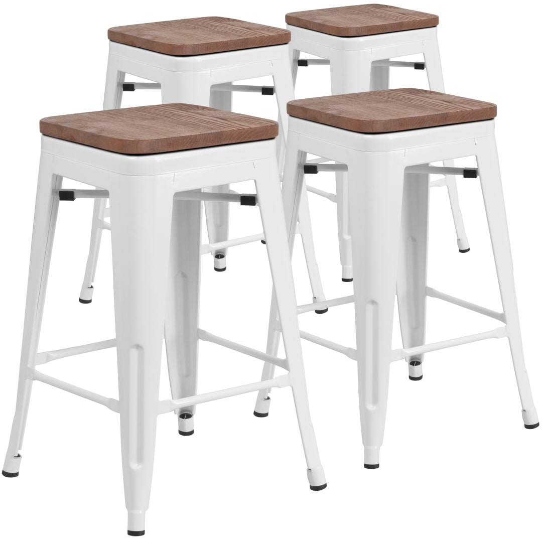 Lily 4 Pk. 24" High Backless White Metal Counter Height Stool with Square Wood Seat