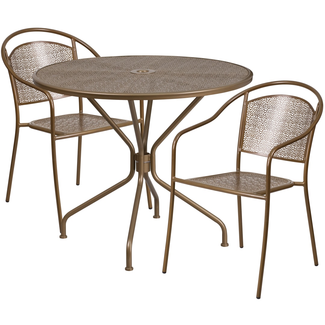 Oia Commercial Grade 35.25" Round Gold Indoor-Outdoor Steel Patio Table Set with 2 Round Back Chairs