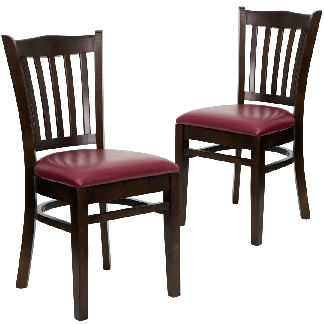 2 Pk. HERCULES Series Vertical Slat Back Walnut Wood Restaurant Chair - Burgundy Vinyl Seat