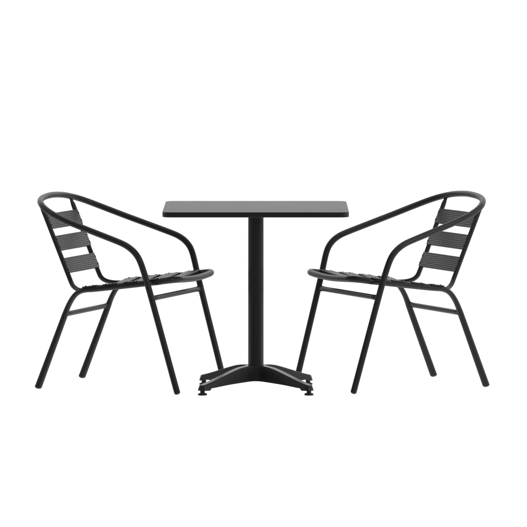 Lila 27.5'' Black Square Aluminum Indoor-Outdoor Table Set with 2 Black Slat Back Chairs