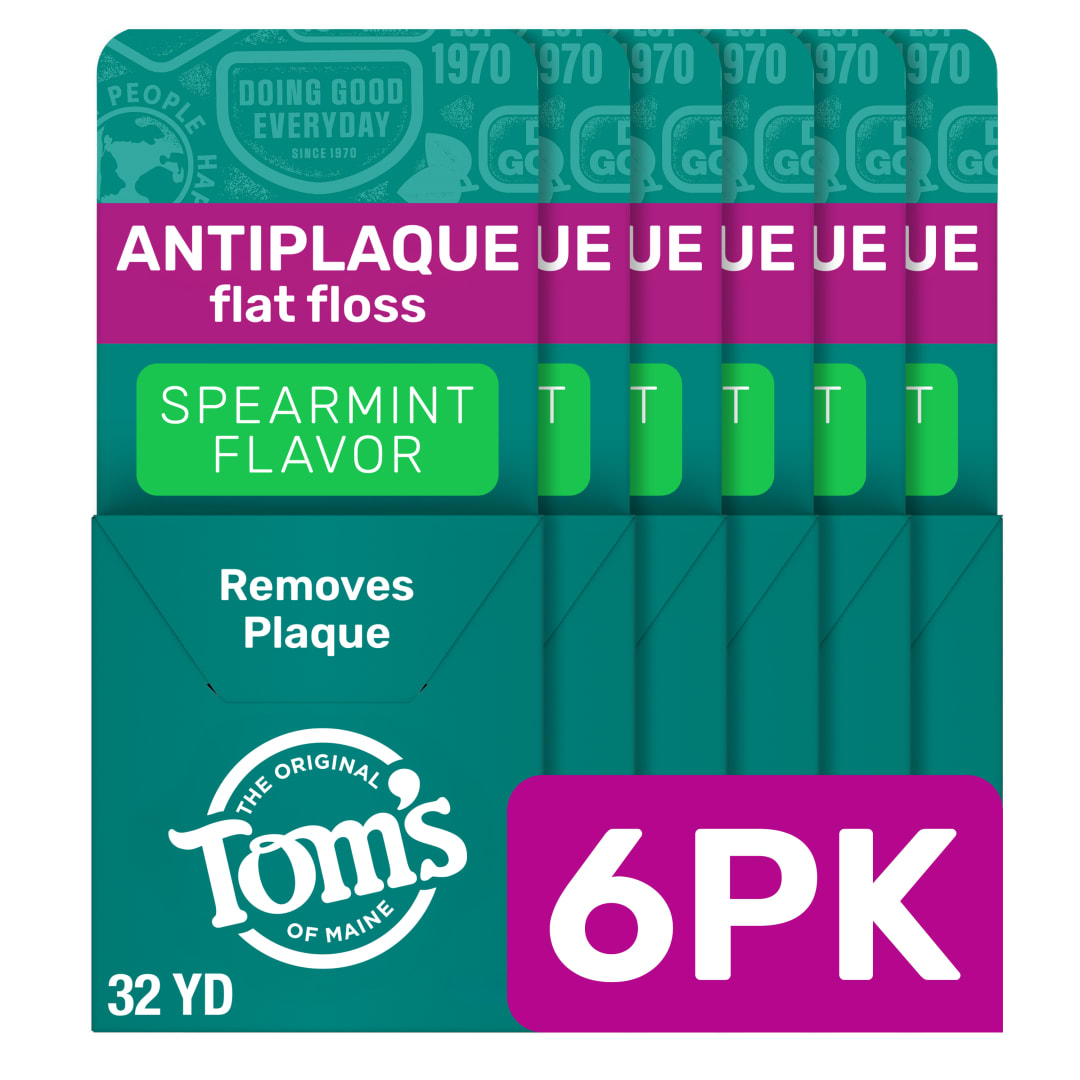 Tom's of Maine Antiplaque Waxed Floss, 6 Pack, Spearmint, Bulk Dental Floss in Resealable Paperboard Carton Packaging, Vegan, 32 Yards