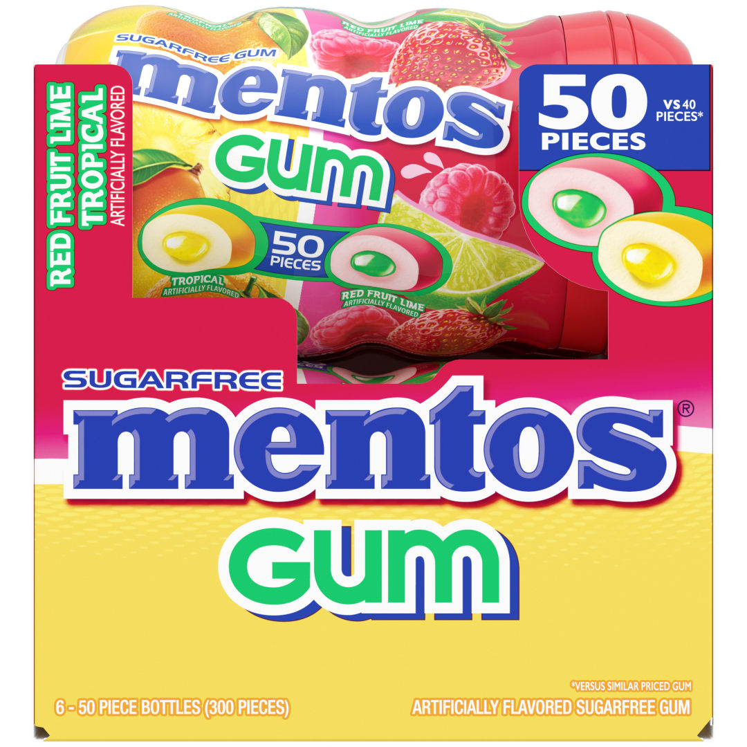 Mentos Gum Sugar Free Chewing Gum Red Fruit Lime &amp; Tropical 50 pc Curvy Bottles - 6 Pack